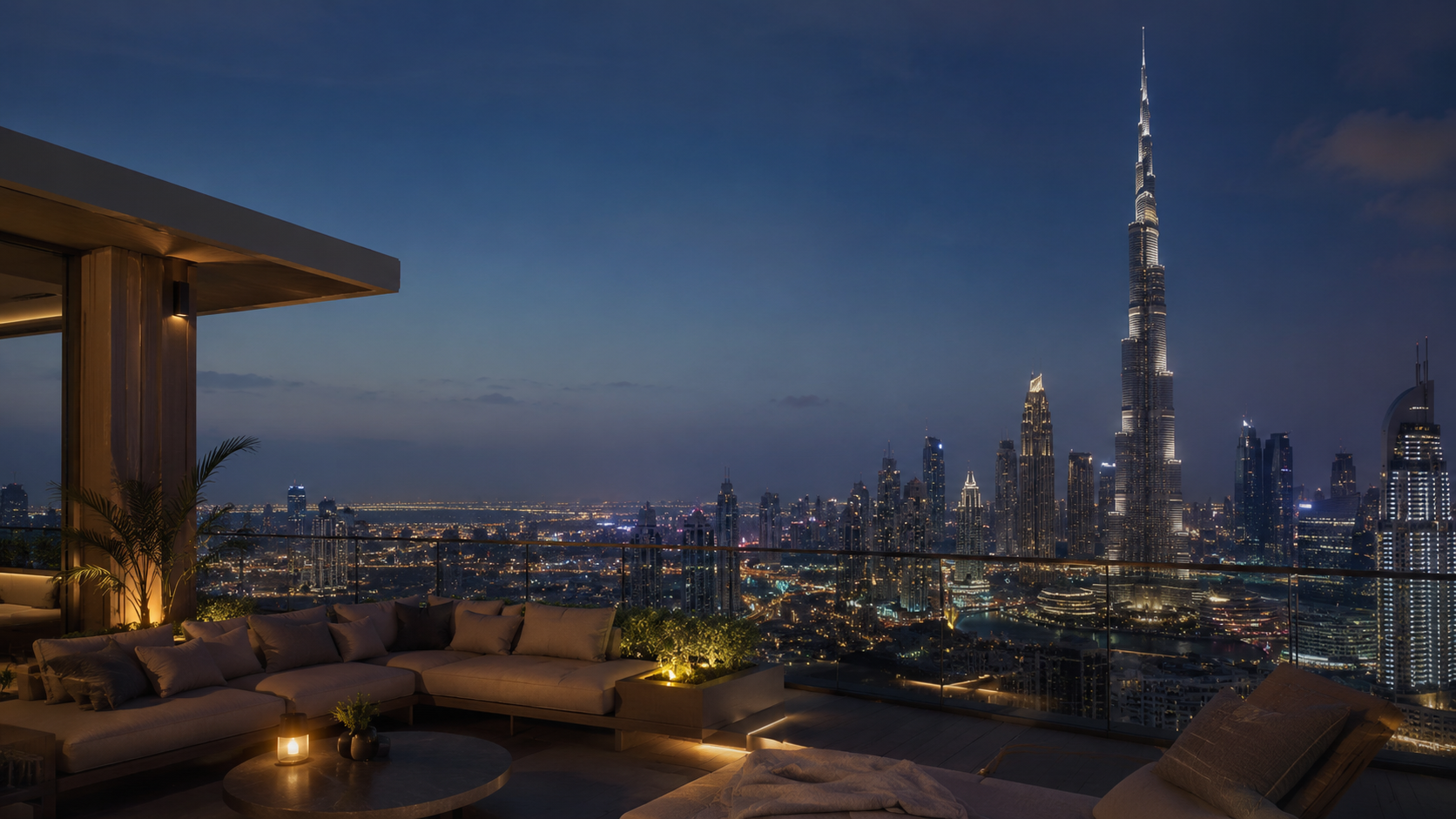Downtown Dubai de noche con Burj Khalifa